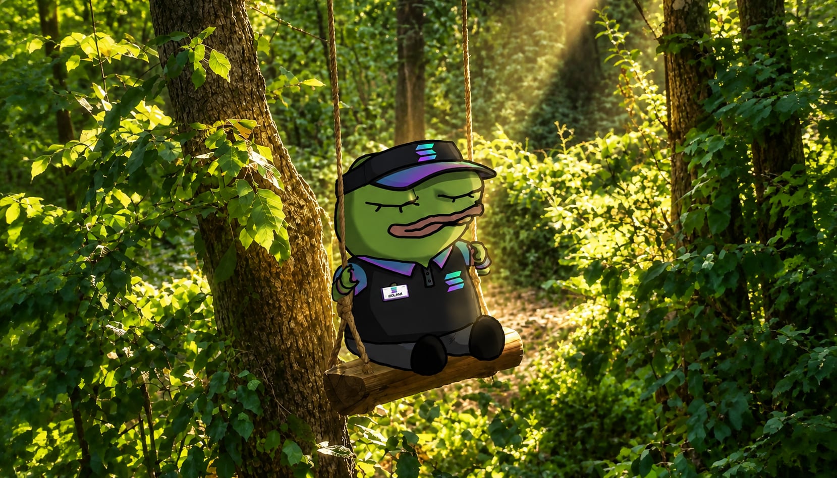 a small green frog dreaming on a swing in a sunlit forest
